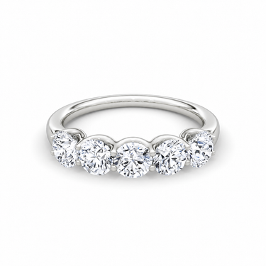 Just Brilliant Five Stone Diamond Band, Large version with Round Brilliant diamonds in 18K white gold, front view. #jb-five-stone_large_round-brilliant_18k-white-gold_front