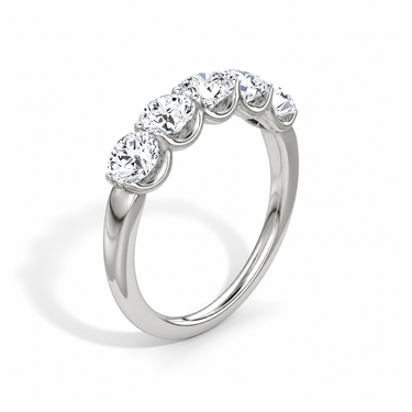 Just Brilliant Five Stone Diamond Band, Large version with Round Brilliant diamonds in 18K white gold, upright view. #jb-five-stone_large_round-brilliant_18k-white-gold_upright