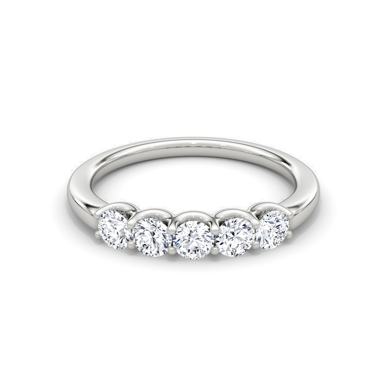 Just Brilliant Five Stone Diamond Band, Petite version with Round Brilliant diamonds in 18K White Gold, front view. #jb-five-stone_petite_round-brilliant_18k-white-gold_front