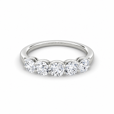 Just Brilliant Five Stone Diamond Band, Original version with Round Brilliant diamonds in 18K white gold, front view. #jb-five-stone_original_round-brilliant_18k-white-gold_front