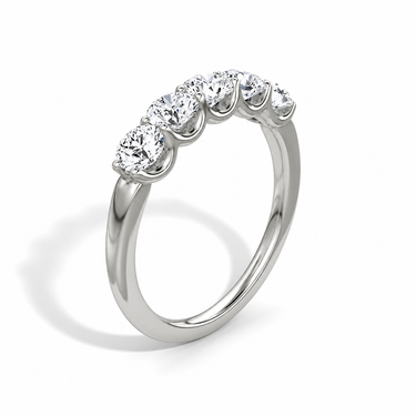 Just Brilliant Five Stone Diamond Band, Original version with Round Brilliant diamonds in 18K white gold, upright view. #jb-five-stone_original_round-brilliant_18k-white-gold_upright