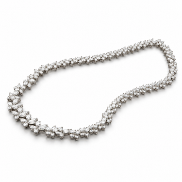 Fleurs de Lumière Diamond Necklace in 18K white gold with pear, marquise and emerald-cut diamonds, full angled view