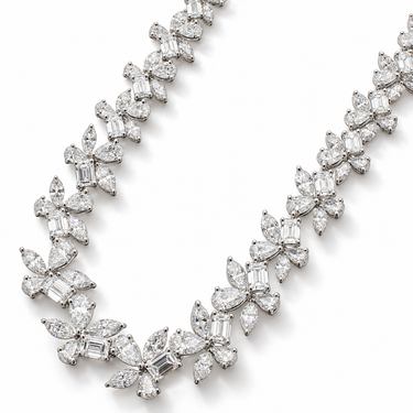Fleurs de Lumière Diamond Necklace in 18K white gold with pear, marquise and emerald-cut diamonds, flower-cluster close-up