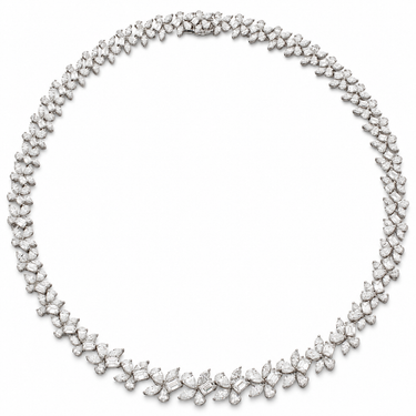 Fleurs de Lumière Diamond Necklace in 18K white gold with pear, marquise and emerald-cut diamonds, complete front view