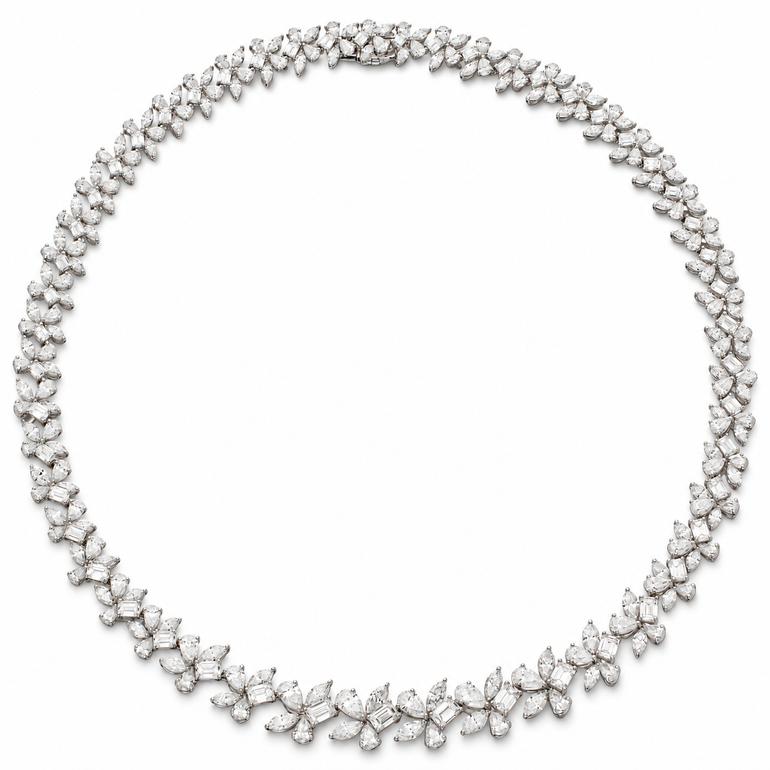 Fleurs de Lumière Diamond Necklace in 18K white gold with pear, marquise and emerald-cut diamonds, complete front view