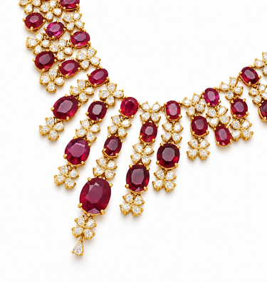 Floraison de Rubis Necklace by Just Brilliant — central ruby fringe detail in 18K yellow gold