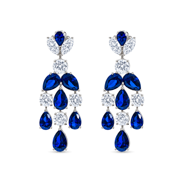 Lustrous Raindrops Earrings by Just Brilliant – 7.2ct sapphire and lab diamond drop earrings in 18K white gold