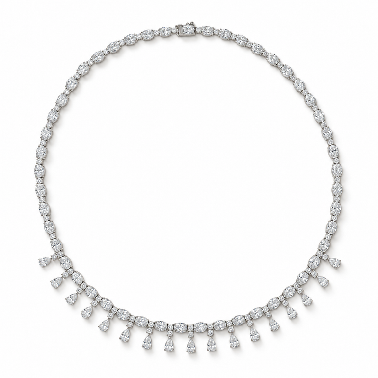 Frange de Lumière Diamond Necklace in 18K white gold with oval, round brilliant and pear-cut diamonds, full necklace