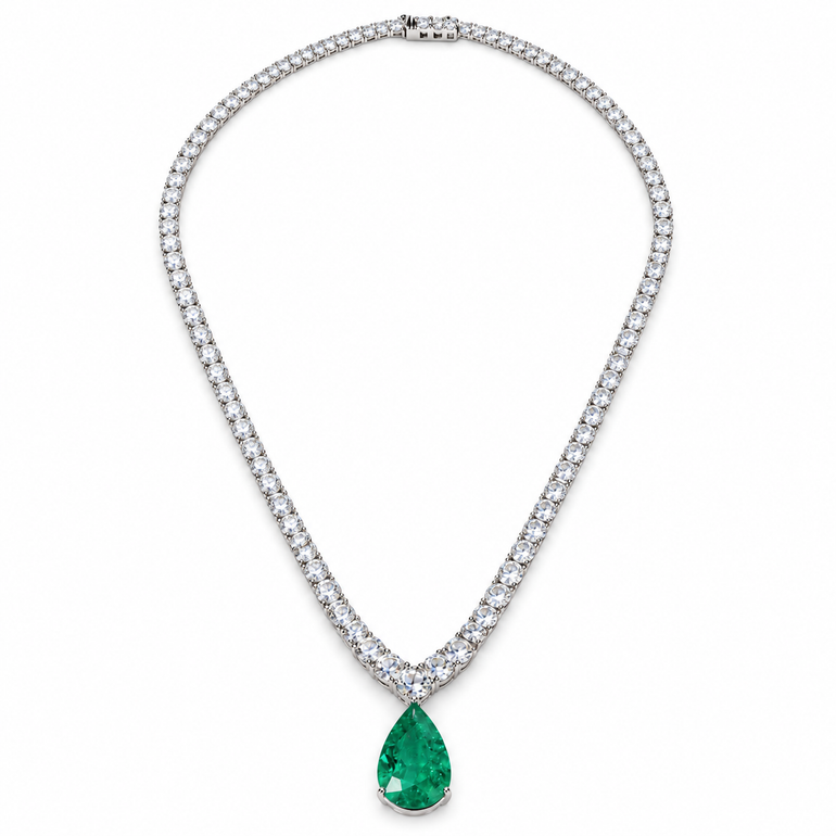 Larme d’Émeraude Necklace in 18K white gold by Just Brilliant — Full necklace