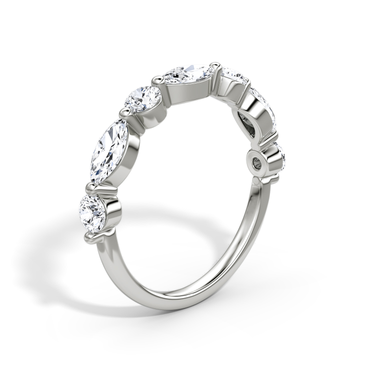 Just Brilliant Mixed Shared Prong Band in white gold, upright view, white background with natural shadow