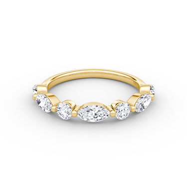Just Brilliant Mixed Shared Prong Band in yellow gold, front view, white background with natural shadow