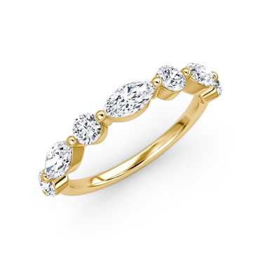 Just Brilliant Mixed Shared Prong Band in yellow gold, upright2 view, white background with natural shadow