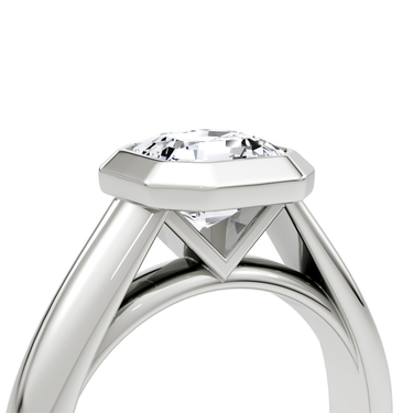 Just Brilliant Sculpture Bezel Ring, Asscher, 18K White Gold, detail view.