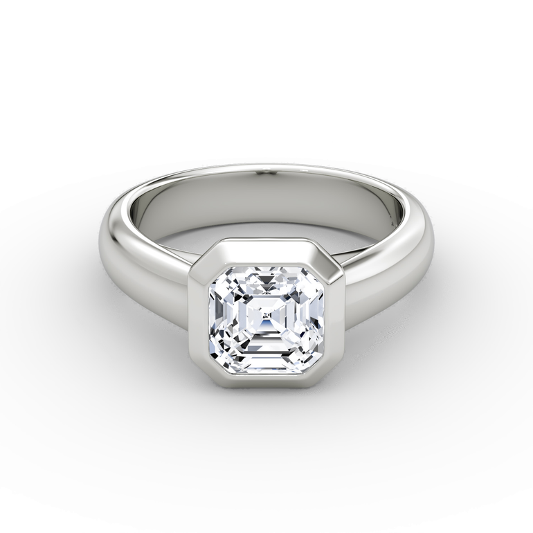 Just Brilliant Sculpture Bezel Ring, Asscher, 18K White Gold, front view.
