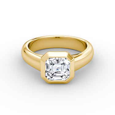 Just Brilliant Sculpture Bezel Ring, Asscher, 18K Yellow Gold, front view.