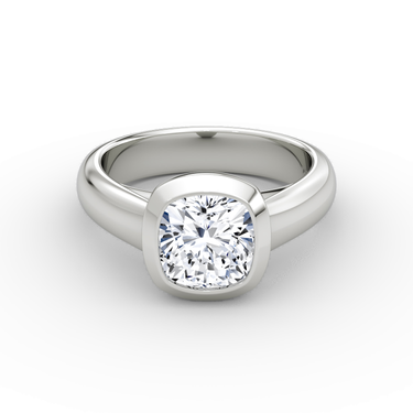Just Brilliant Sculpture Bezel Ring, Cushion, 18K White Gold, front view.