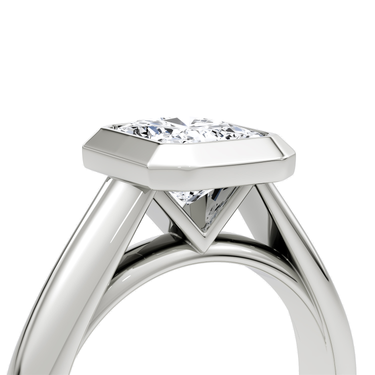 Just Brilliant Sculpture Bezel Ring, Radiant, 18K White Gold, detail view.