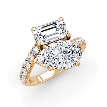 Just Brilliant Toi et Moi Bypass ring, pavé band, emerald and pear diamonds, rose gold, oblique view