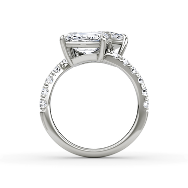 Just Brilliant Toi et Moi Bypass ring, pavé band, emerald and pear diamonds, white gold, profile view