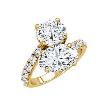Just Brilliant Toi et Moi Bypass ring, pavé round brilliant and oval, 18K Yellow Gold, oblique view