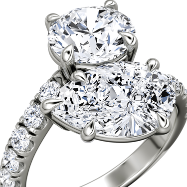 Just Brilliant Toi et Moi Bypass ring, pavé band, round brilliant and pear diamonds, 18K White Gold, detail view
