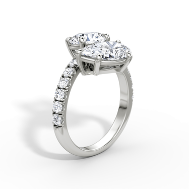 Just Brilliant Toi et Moi Bypass ring, pavé band, round brilliant and pear diamonds, 18K White Gold, upright view