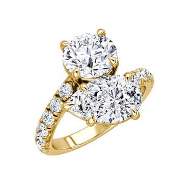 Just Brilliant Toi et Moi Bypass ring, pavé band, round brilliant and pear diamonds, 18K Yellow Gold, oblique view