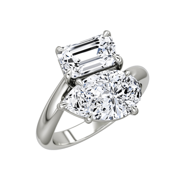 Just Brilliant Toi et Moi Bypass ring, plain band, emerald and pear diamonds, 18K White Gold, oblique view