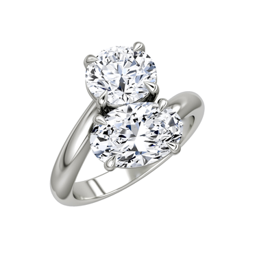 Just Brilliant Toi et Moi Bypass ring, plain band, round brilliant and oval diamonds, 18K White Gold, oblique view