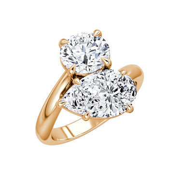 Just Brilliant Toi et Moi Bypass ring, plain band, round brilliant and pear diamonds, 18K Rose Gold, oblique view