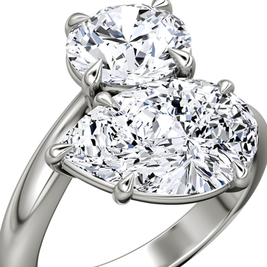 Just Brilliant Toi et Moi Bypass ring, plain band, round brilliant and pear diamonds, 18K White Gold, detail view