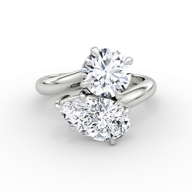 Just Brilliant Toi et Moi Bypass ring, plain band, round brilliant and pear diamonds, 18K White Gold, front view
