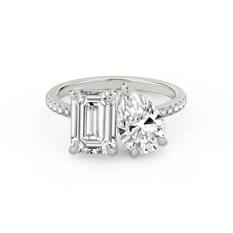 Just Brilliant Toi et Moi Diamond Ring — Pavé / Emerald + Pear — 18K White Gold — front view
