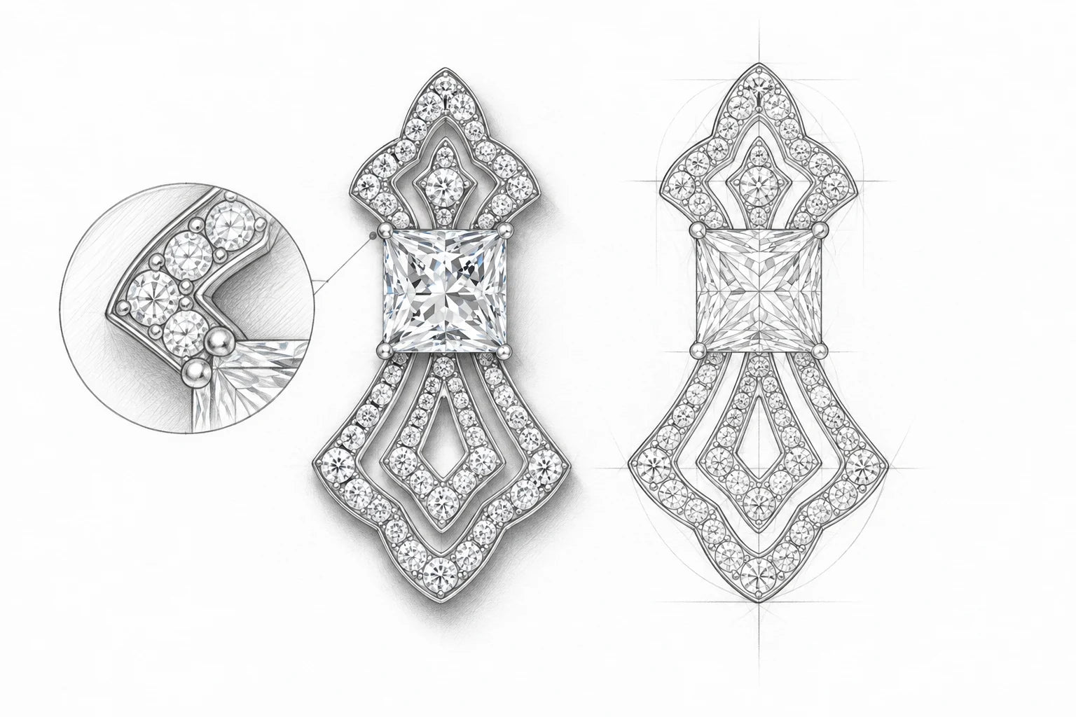 Pencil and facet studies of the Just Brilliant Royal Princess earrings.