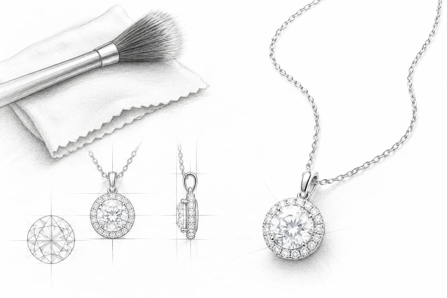 Pencil illustration of the Just Brilliant Luminous Cosmos halo pendant with a soft brush and cloth.