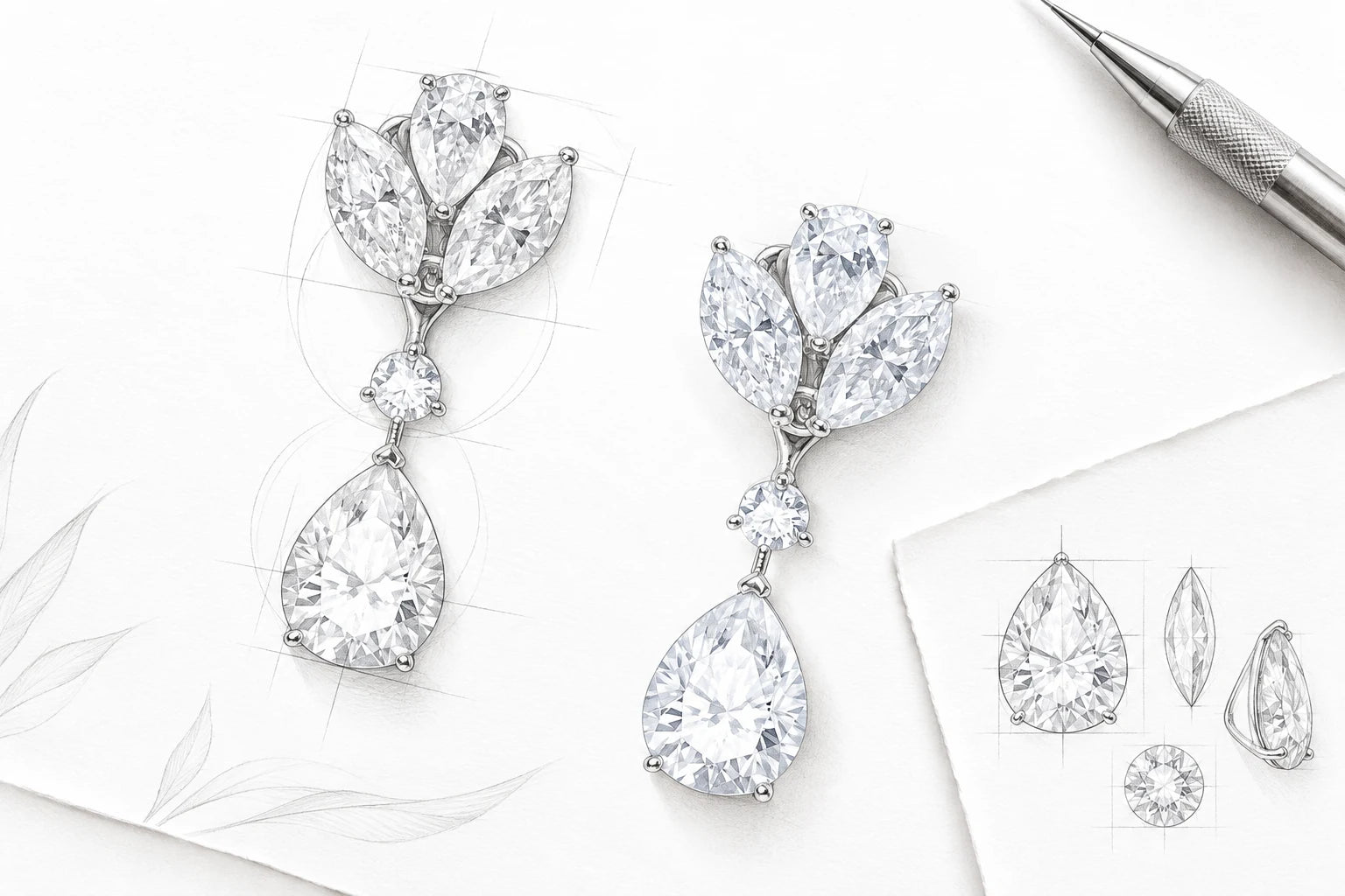 Pencil illustration of the Just Brilliant Stardust Cascade pear-drop earrings.