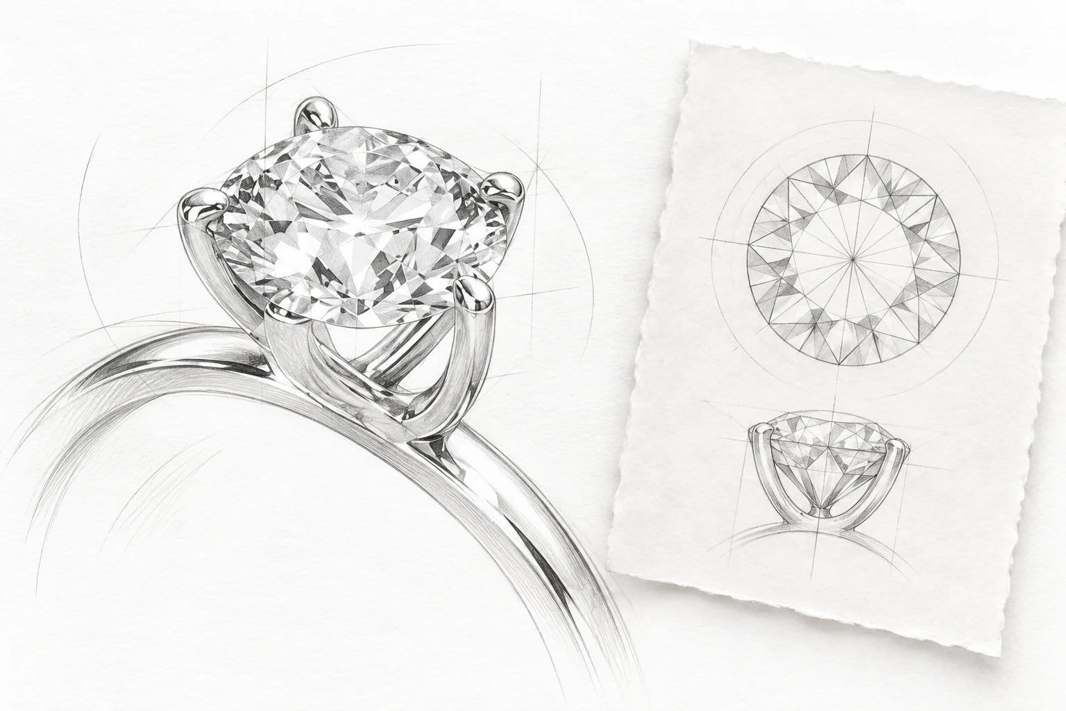 Pencil and facet studies of the round diamond and open setting of a Just Brilliant solitaire.
