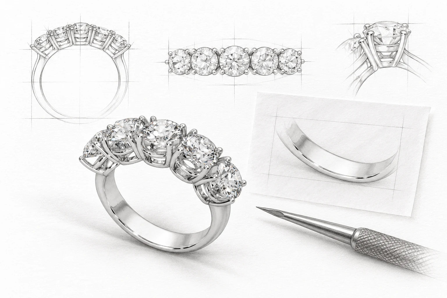 Pencil study of the Just Brilliant Eternal Cascade five-stone ring and an engraving tool.