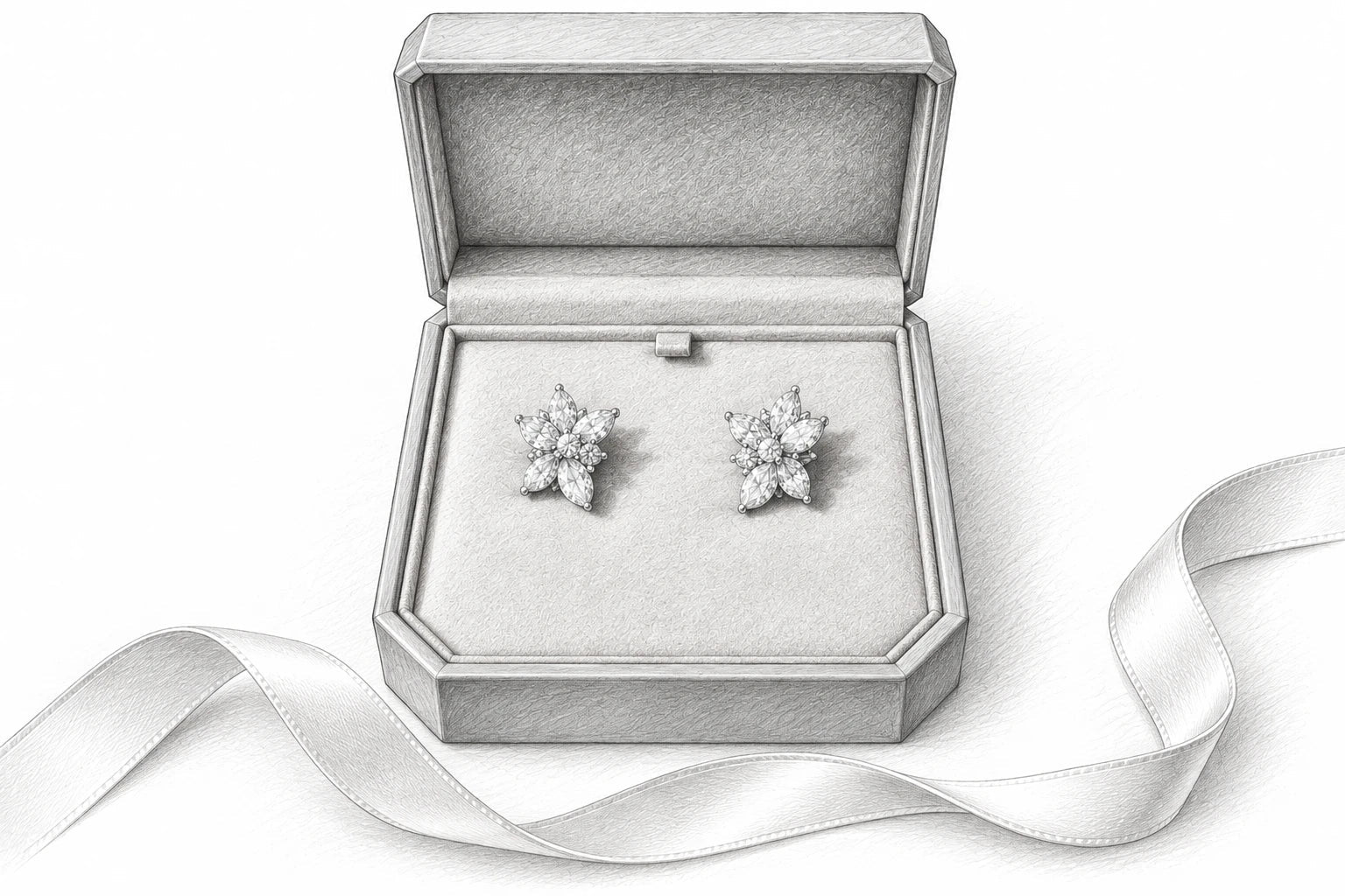 Graphite pencil sketch of the open Just Brilliant jewelry box with floral diamond earrings and a white ribbon.