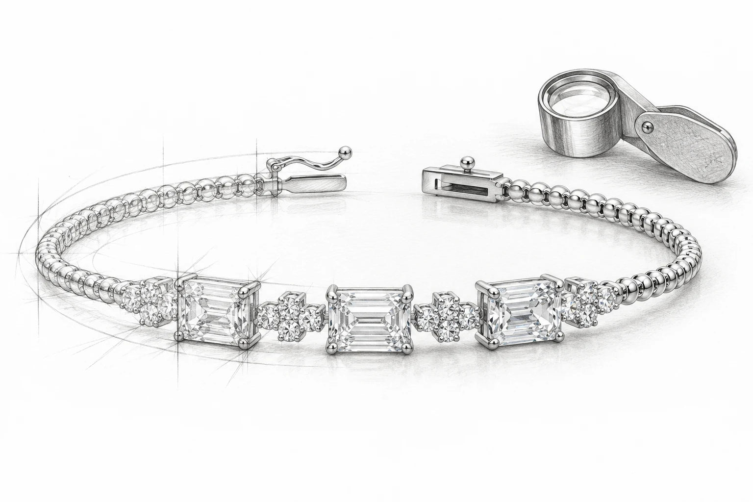 Pencil illustration of the Just Brilliant Opaline bracelet, its three rectangular diamonds and open clasp.