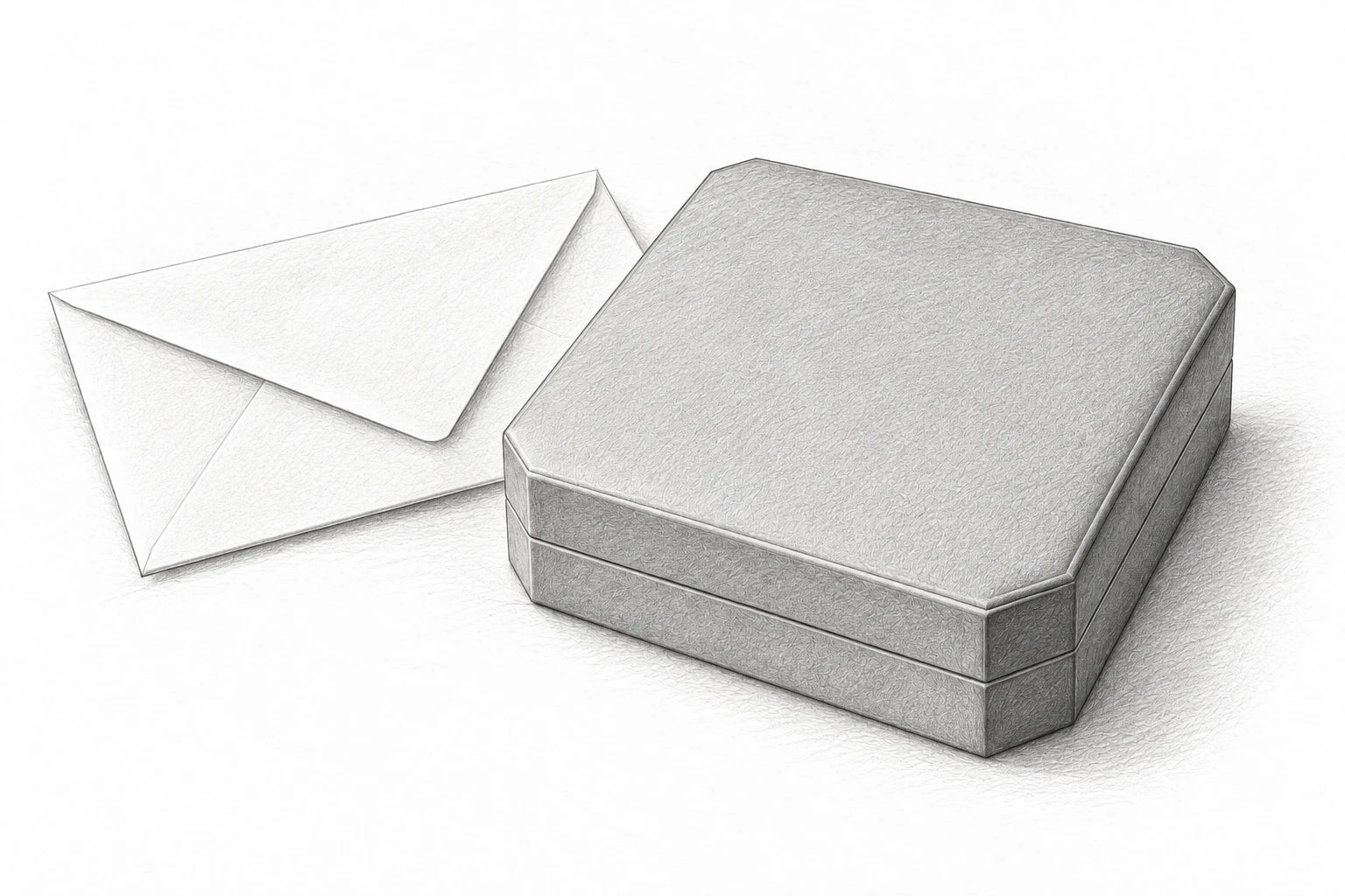 Graphite pencil sketch of the closed Just Brilliant jewelry case beside a plain envelope.