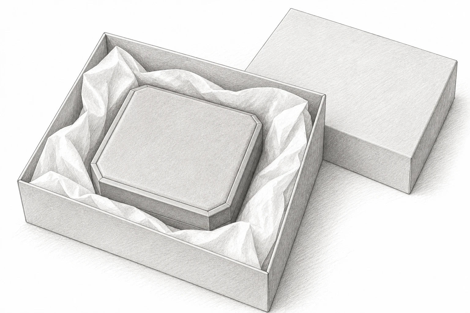 Graphite pencil sketch of the closed Just Brilliant jewelry case protected by tissue inside a delivery parcel.