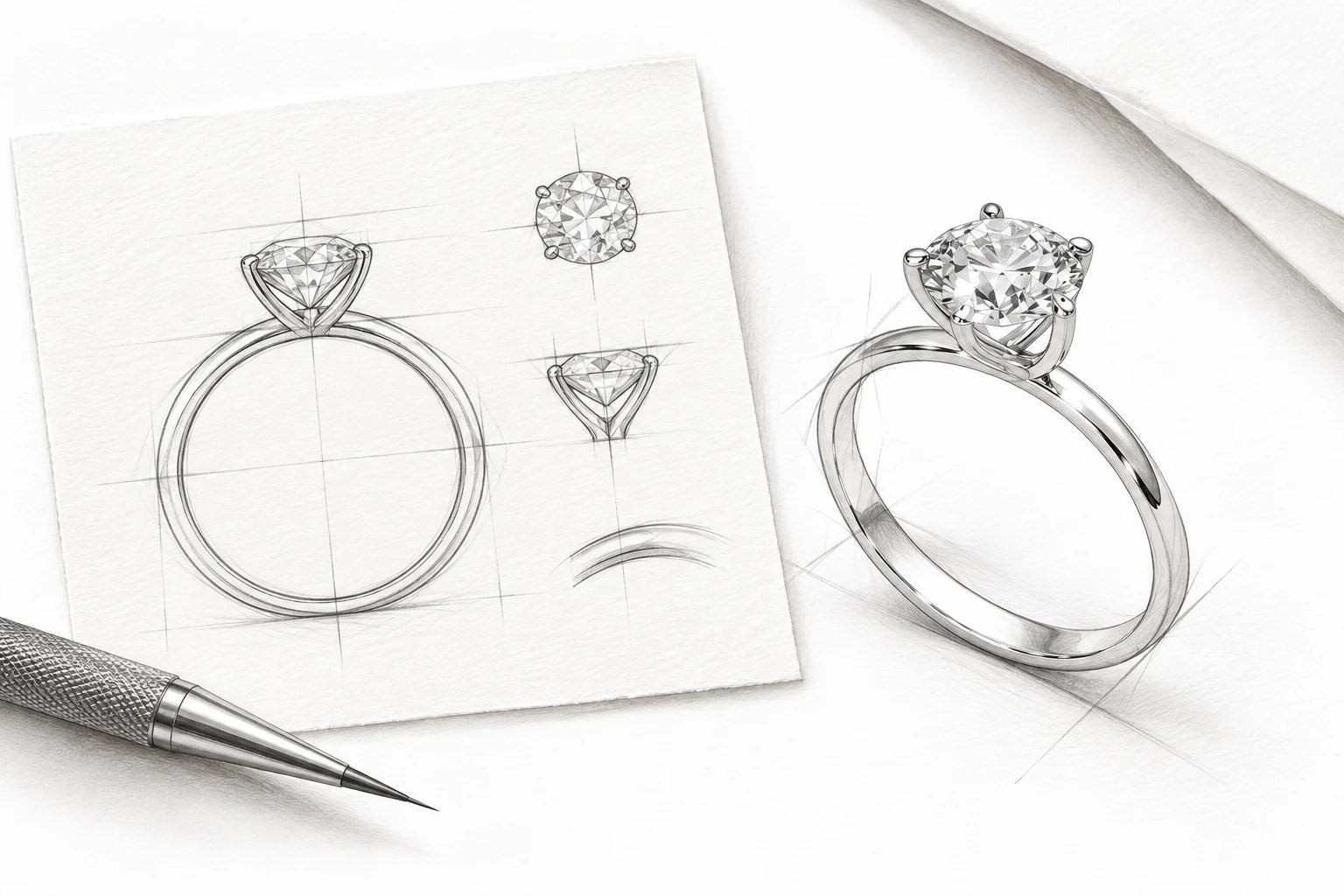 Pencil study of the Just Brilliant round solitaire ring on white paper.