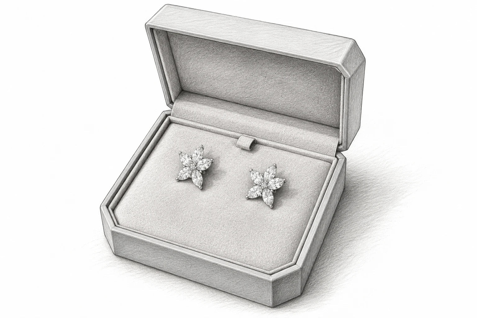Graphite pencil sketch of the Just Brilliant clipped-corner jewelry box with floral diamond earrings.