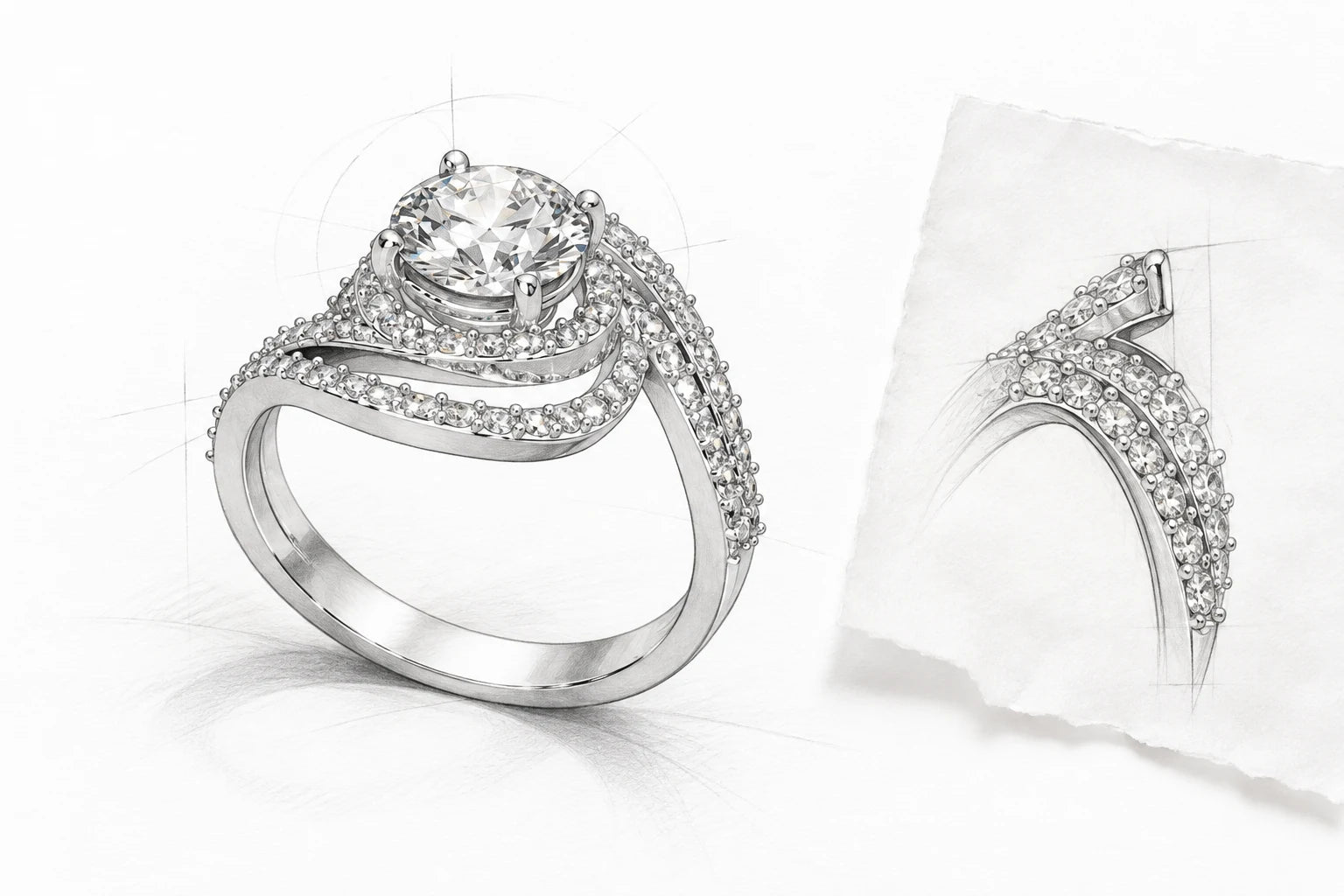 Pencil study of the Just Brilliant Opulent Grace ring and its flowing diamond-set shoulders.