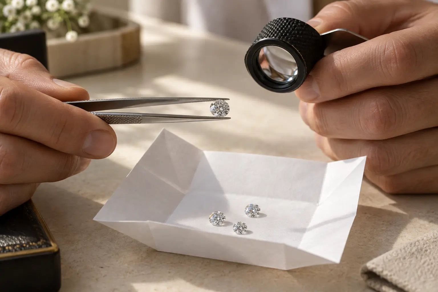 A jeweler inspecting a loose diamond above an ivory gem tray