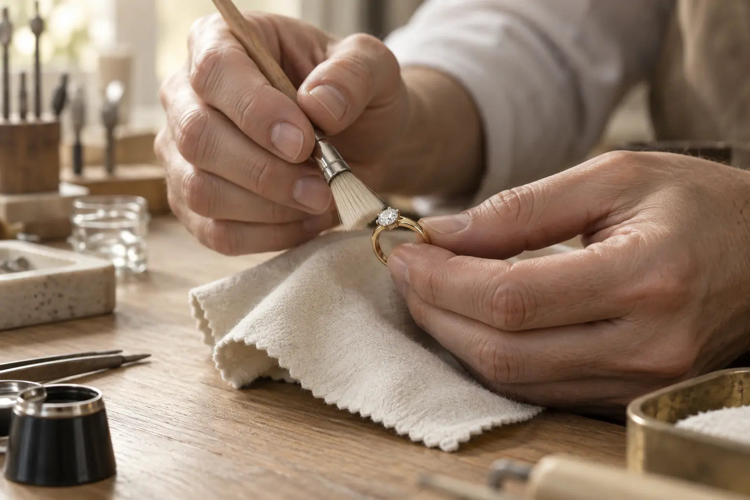 A jeweler gently cleaning a diamond ring on a soft cloth