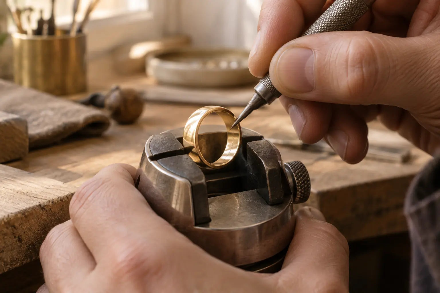 A jeweler engraving the inside of a polished gold band