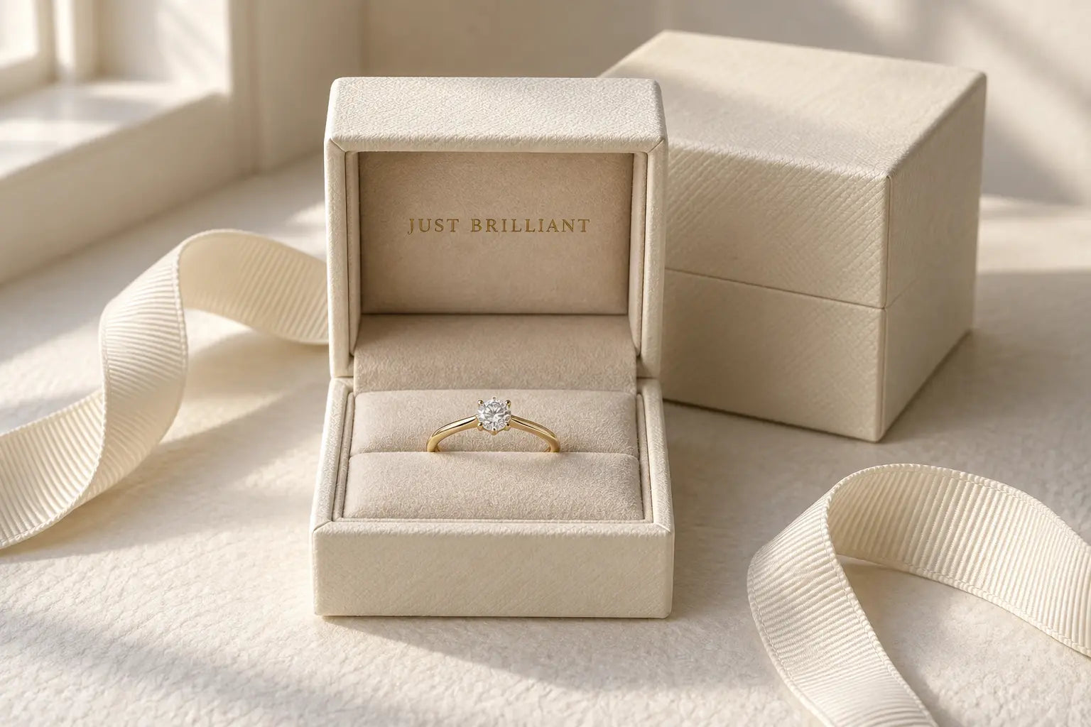 An ivory Just Brilliant presentation box with a diamond ring