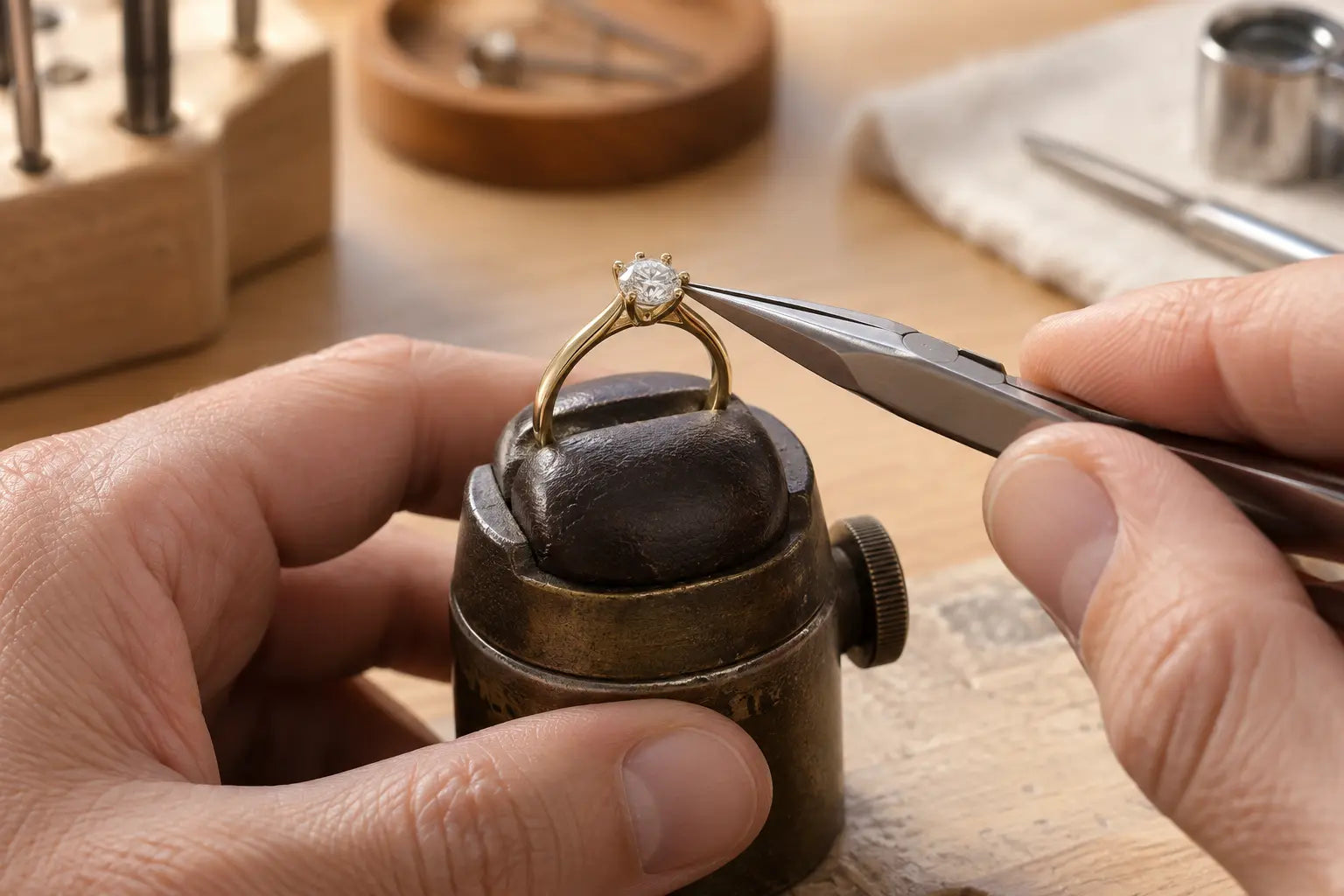 A jeweler carefully checking the prongs of a diamond ring